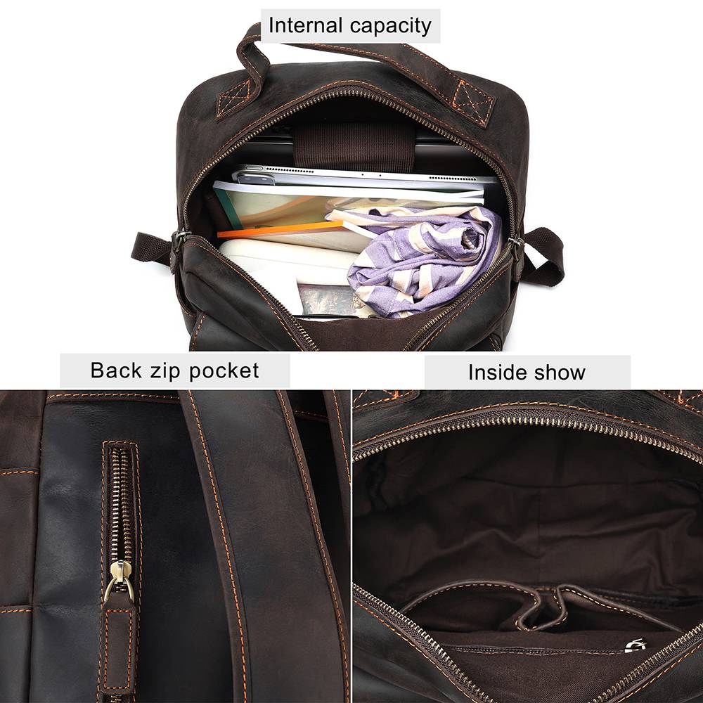 Leather commuter backpack, side pocket detail