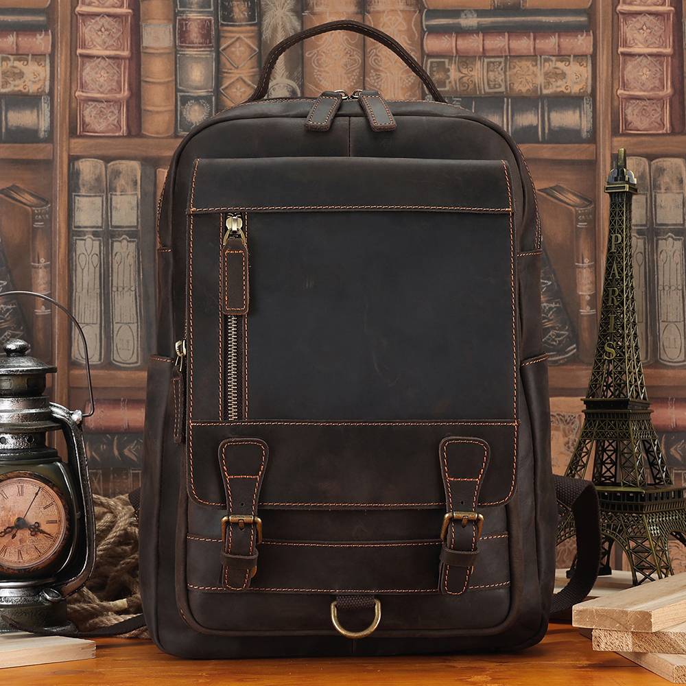 Leather commuter backpack, side view