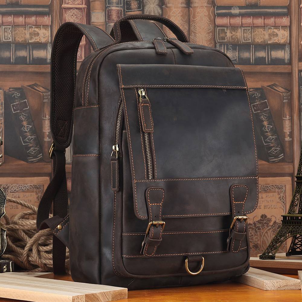 Leather commuter backpack, buckle detail