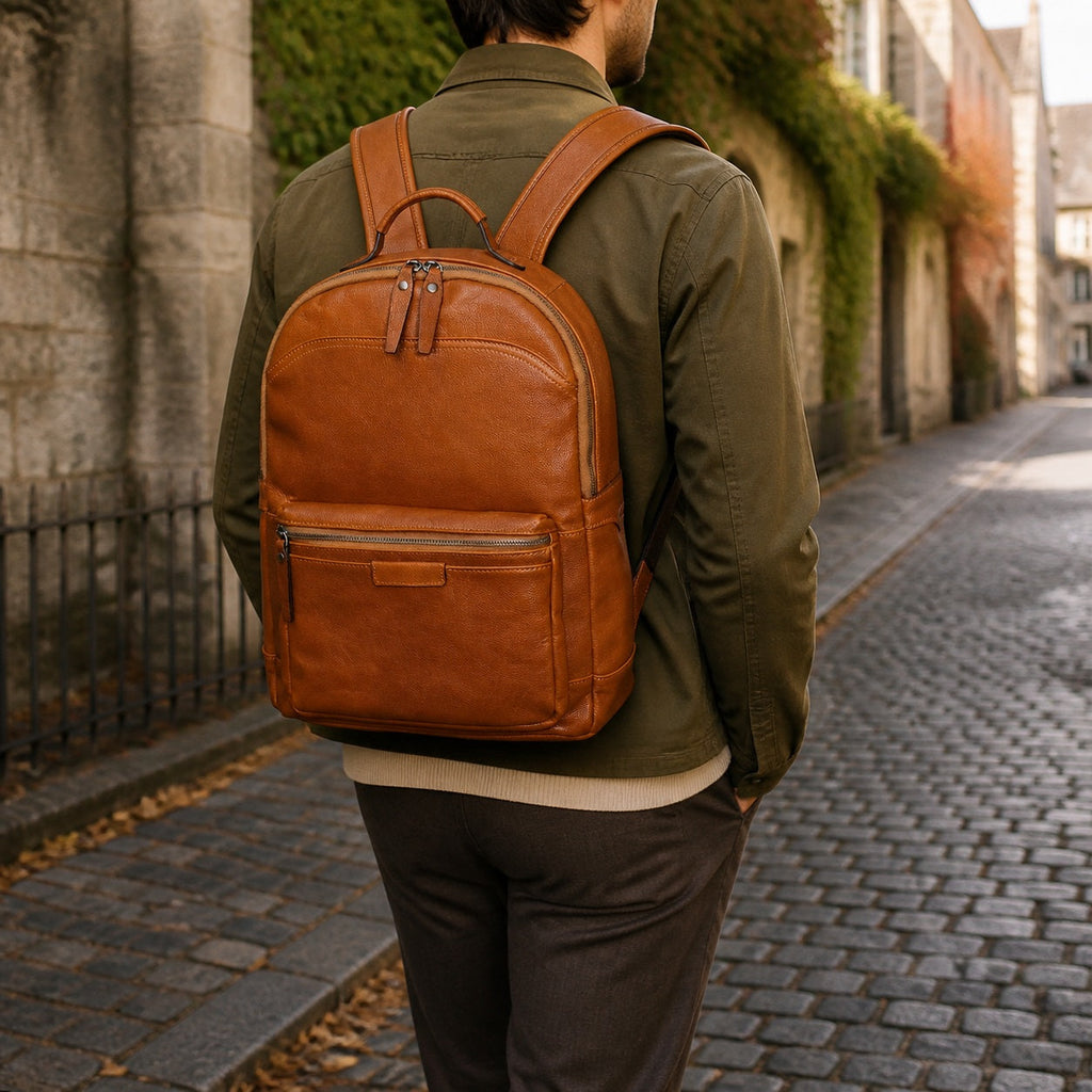 Man wearing the leather computer backpack on a cobblestone street