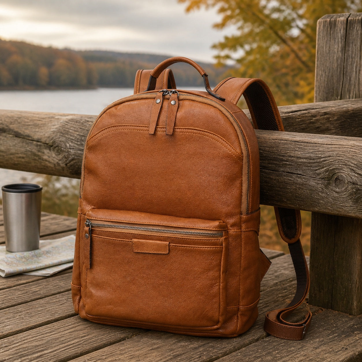 Brown men's computer backpack, interior view