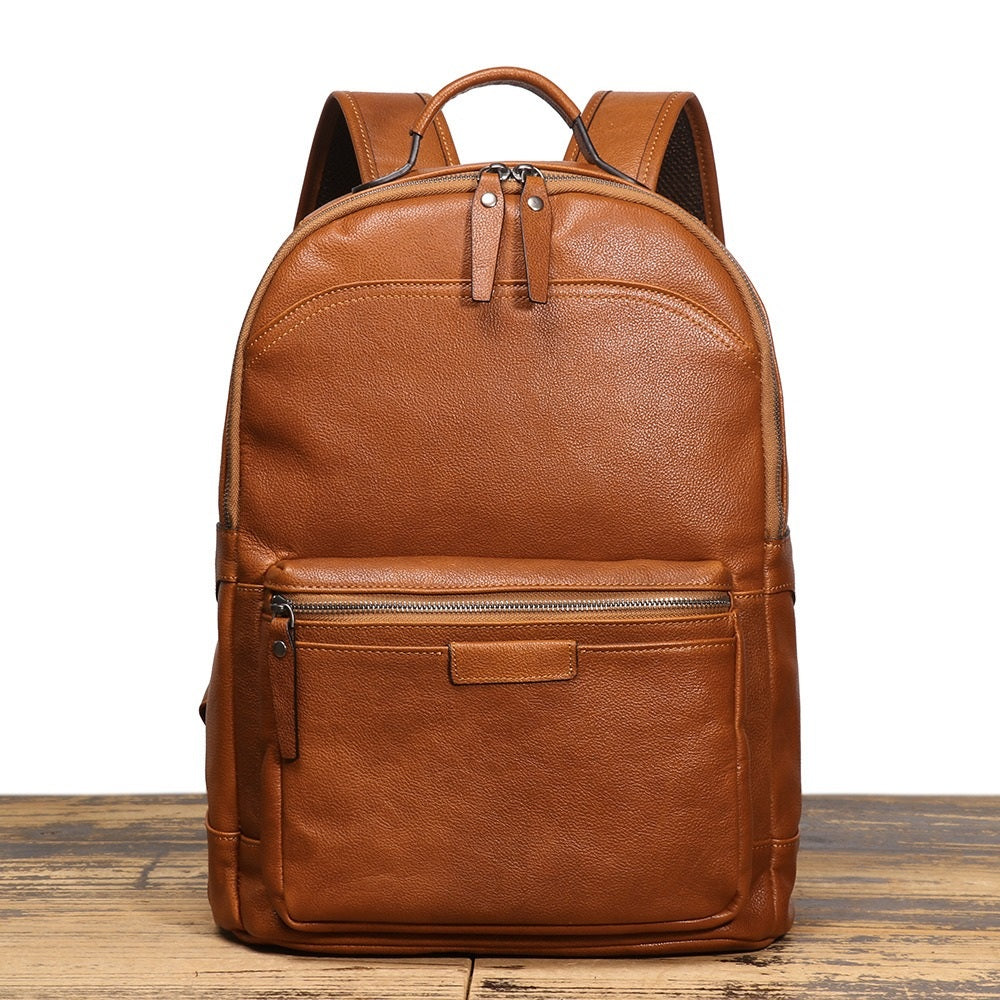 Brown men's computer backpack, back panel detail
