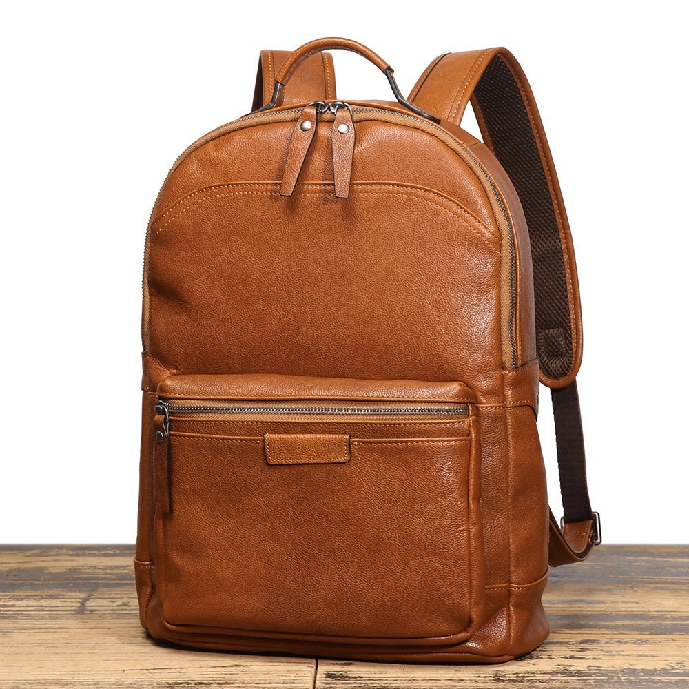 Brown men's computer backpack, hardware detail