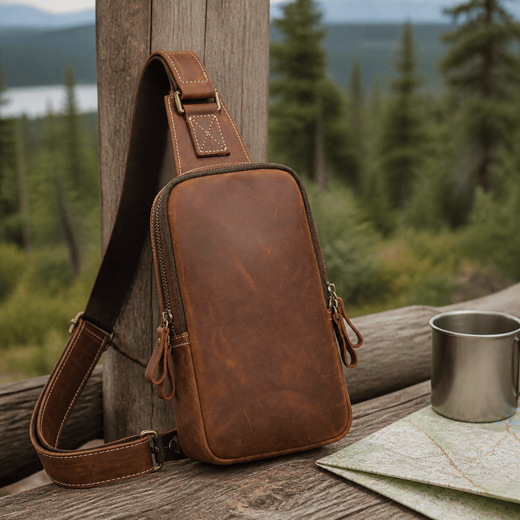 Brown men's crossbody bag in an outdoor cabin scene
