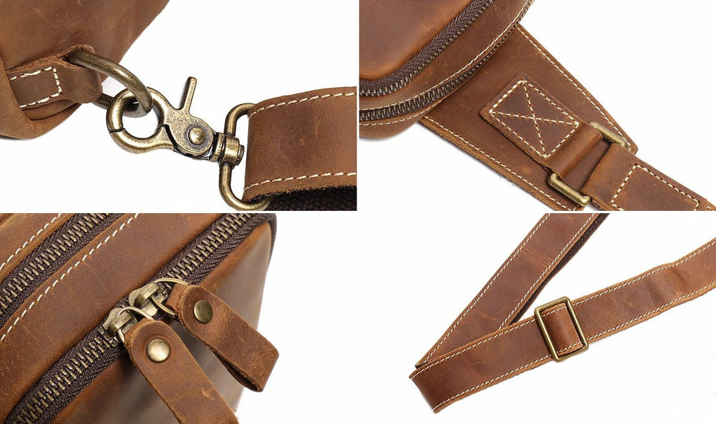 Brown men's crossbody bag, front pocket detail