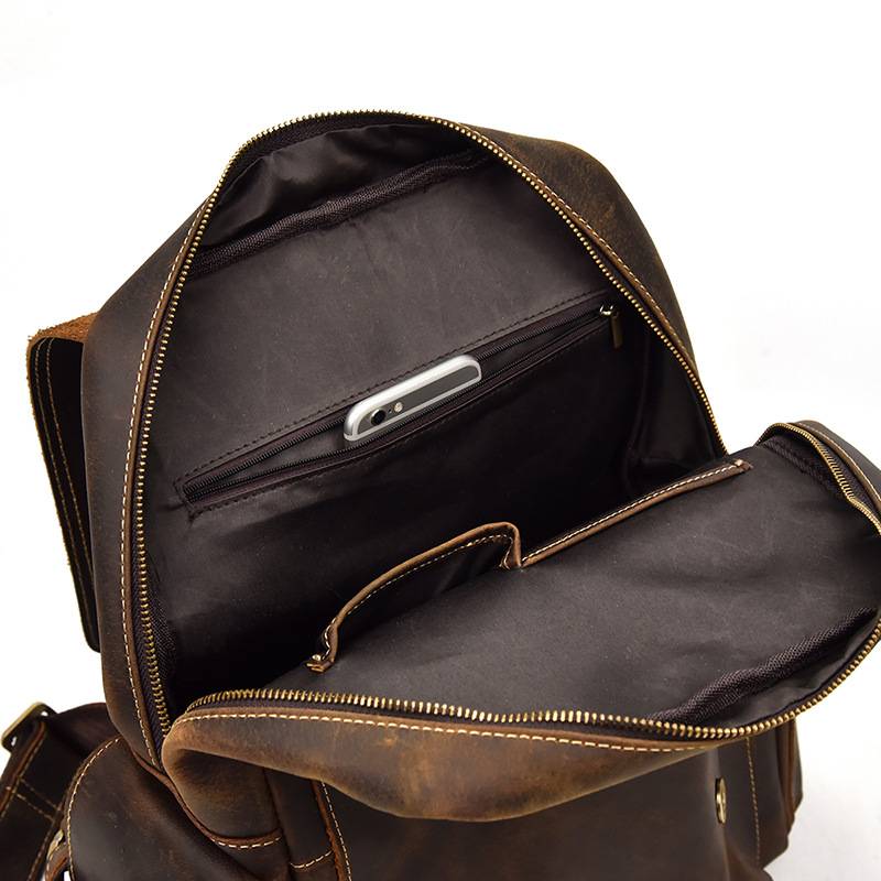 Dark brown men's daypack, top view