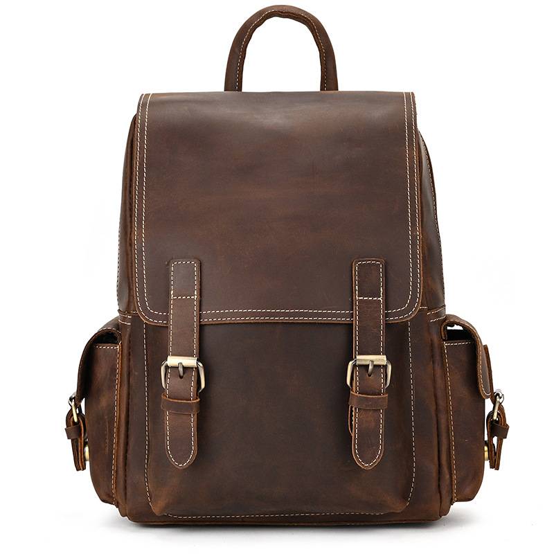 Dark brown men's daypack, front pocket detail