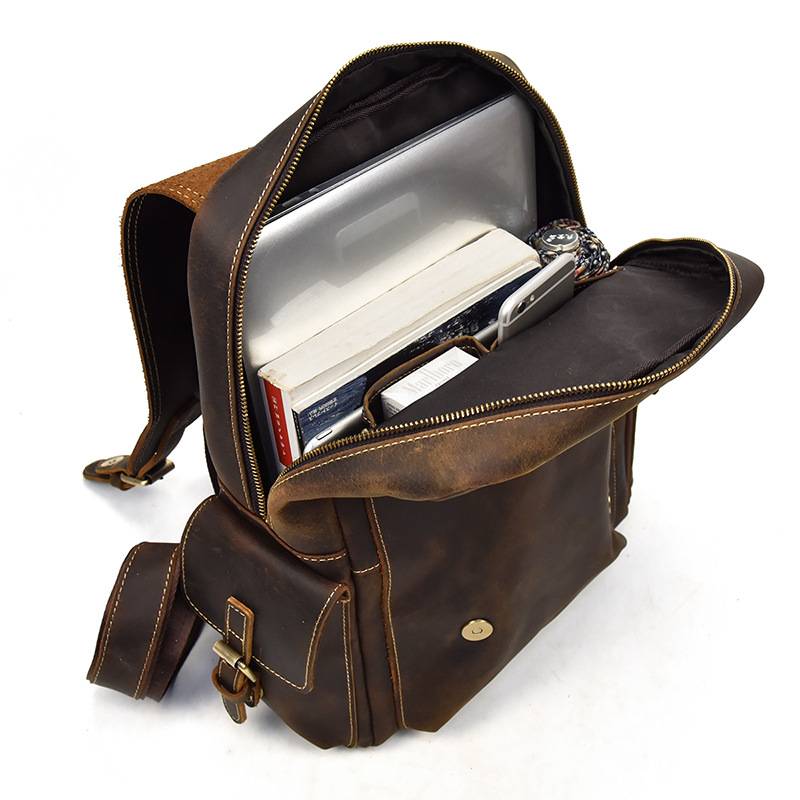 Dark brown men's daypack, handle detail