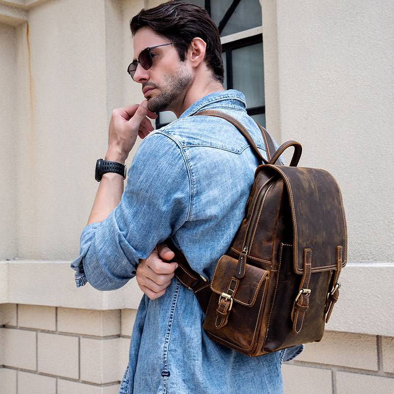 Dark brown men's daypack, back panel detail