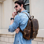 Dark brown men's daypack, back panel detail