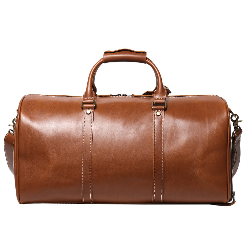 Brown men's duffle bag, side view