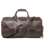 Dark brown men's duffle bag, side view