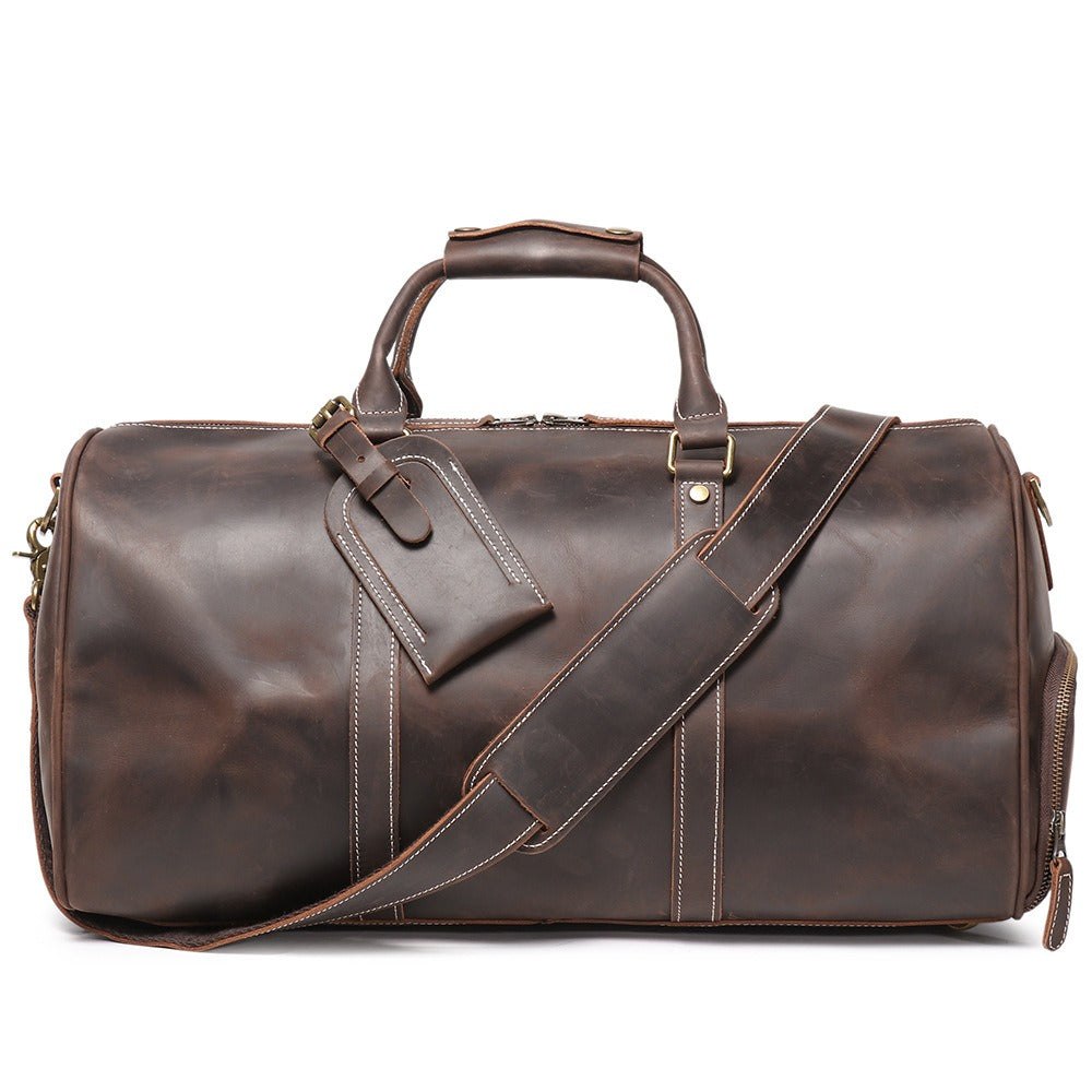 Dark brown men's duffle bag, side view
