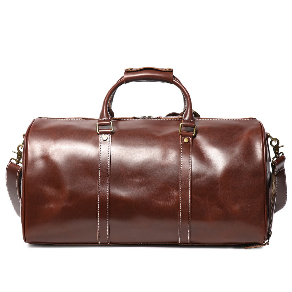 Reddish brown men's duffle bag, side view