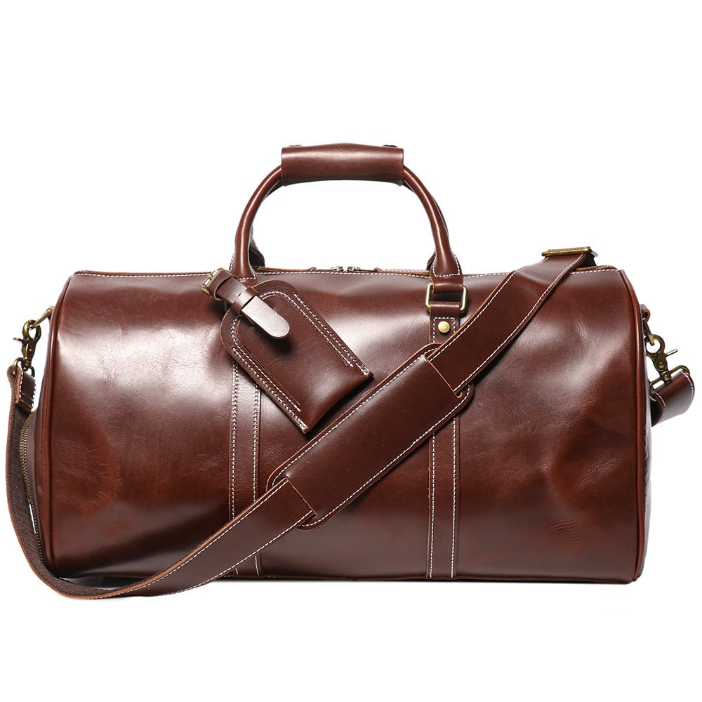 Reddish brown men's duffle bag, interior view