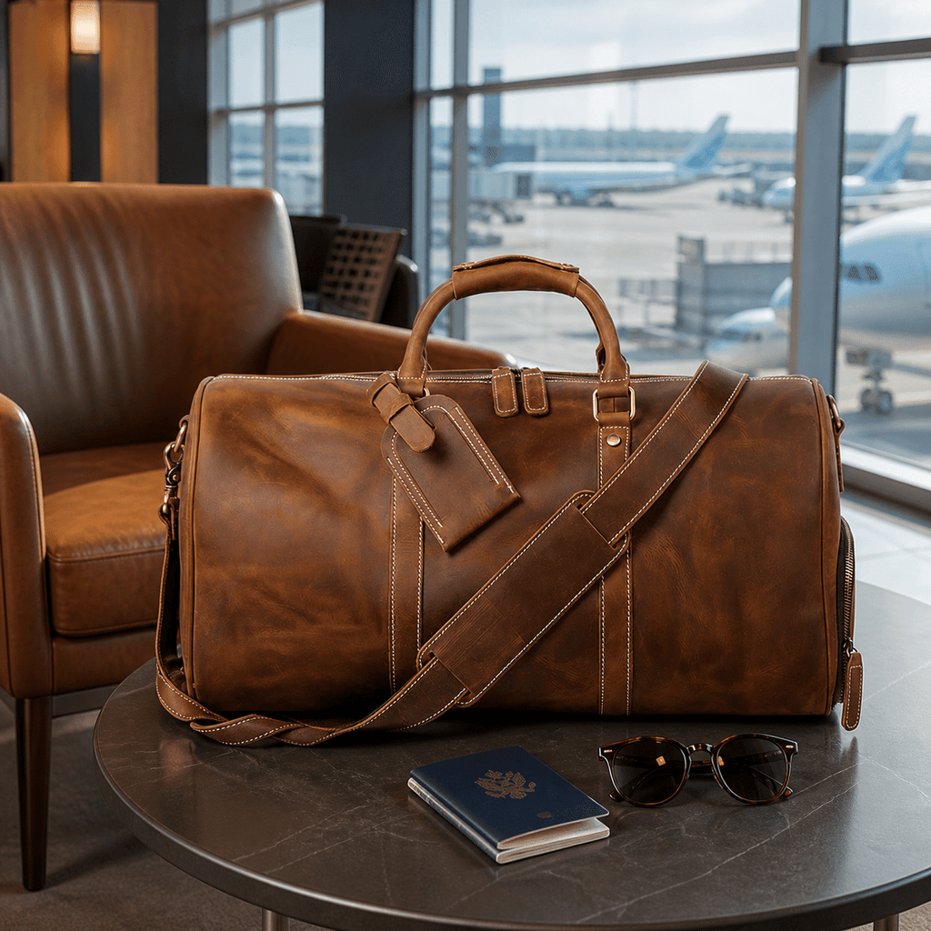 Vintage brown men's duffle bag, flat lay