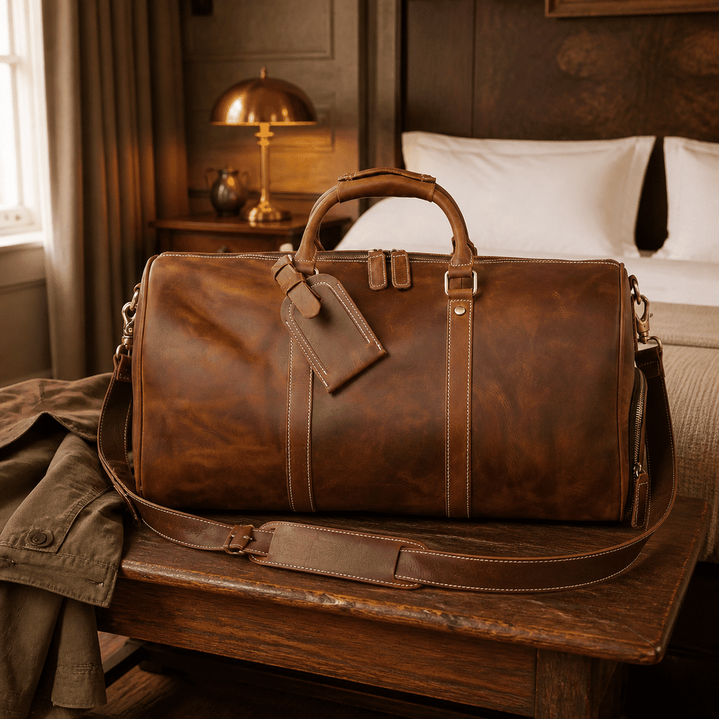 Vintage brown men's duffle bag, leather grain