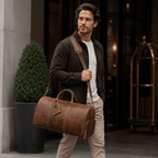 Vintage brown men's duffle bag, strap detail