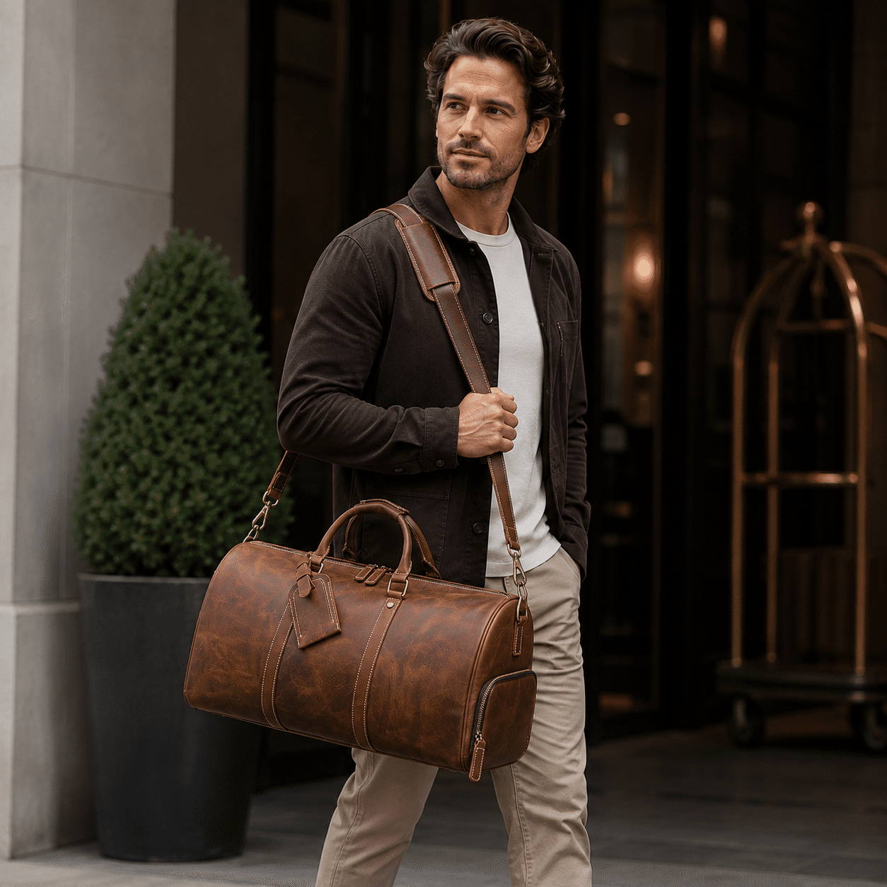 Vintage brown men's duffle bag, strap detail