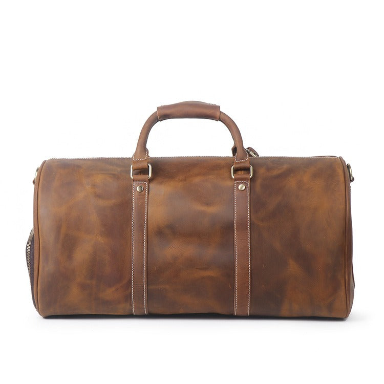 Vintage brown men's duffle bag, back view