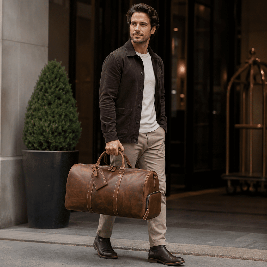 Vintage brown men's duffle bag, another angle