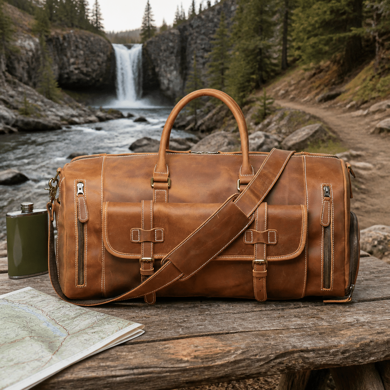 Brown men's gym bag, handle detail