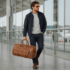 Brown men's gym bag, hardware and stitching detail
