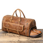 Brown men's gym bag, outdoor scene
