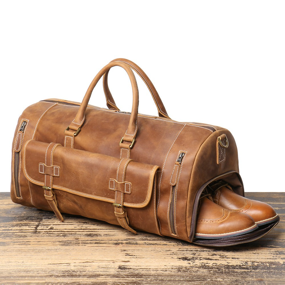 Brown men's gym bag, outdoor scene