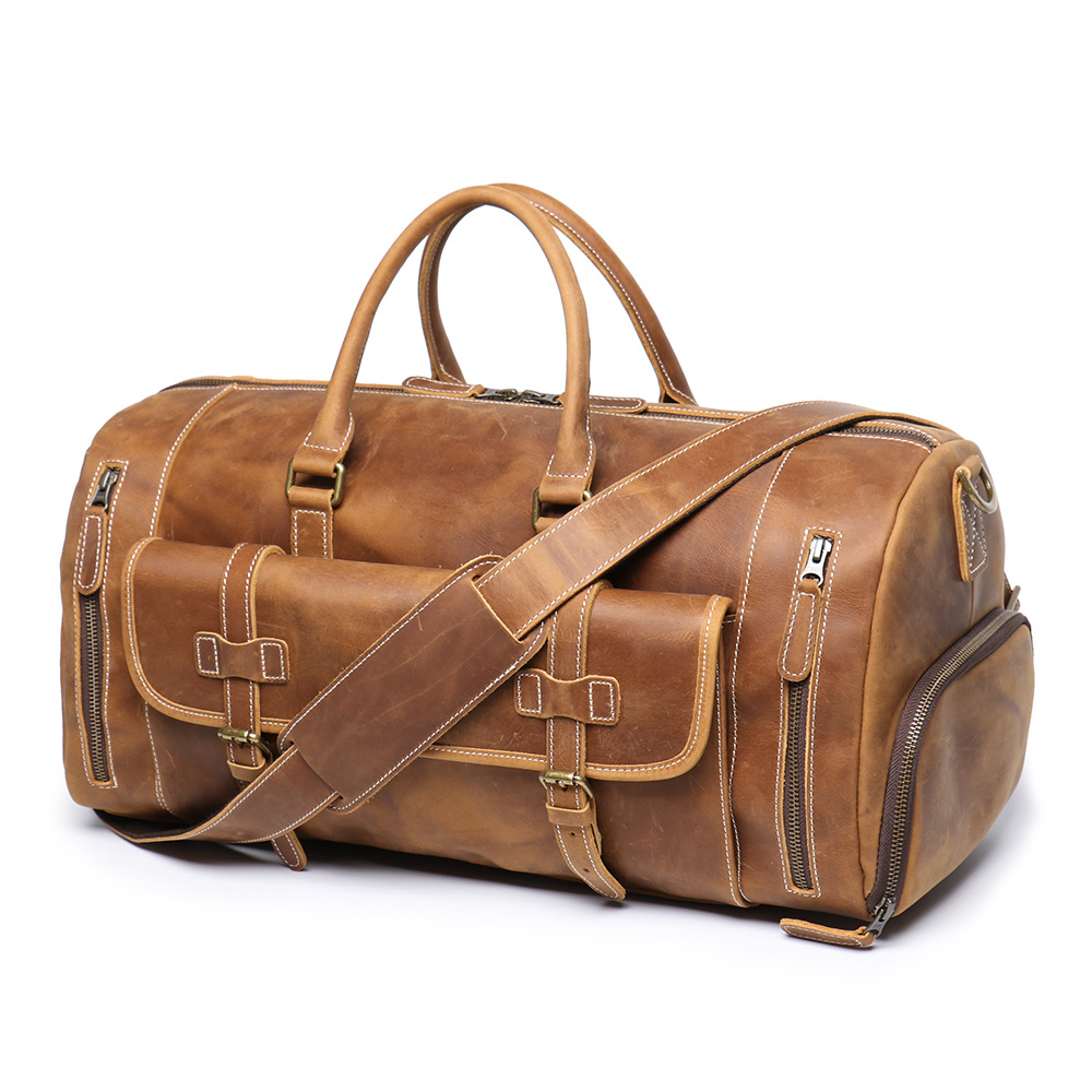 Brown men's gym bag, shoe compartment detail