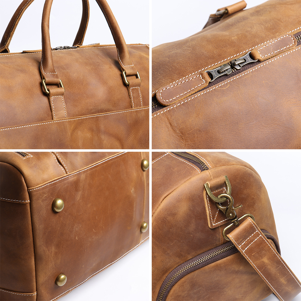 Brown men's gym bag, front pocket detail