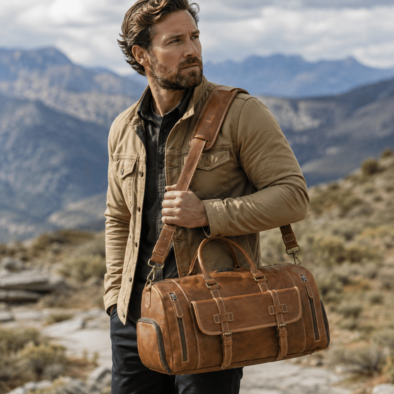 Brown men's gym bag, back view