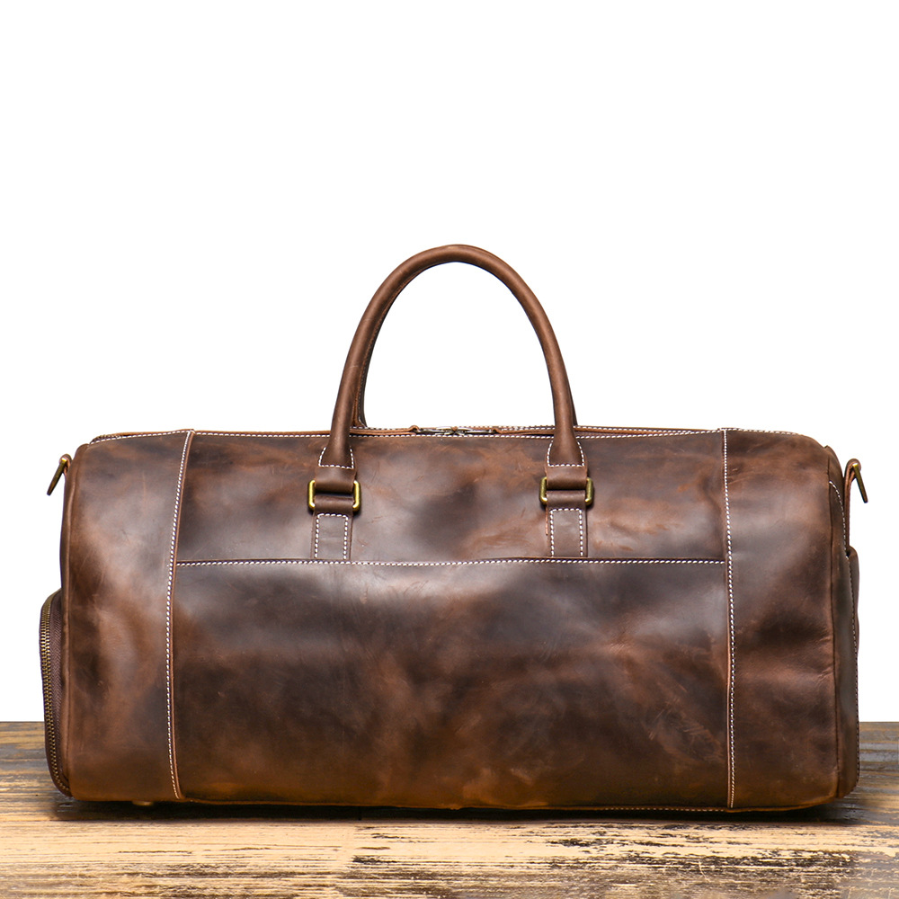 Dark brown men's gym bag, side view