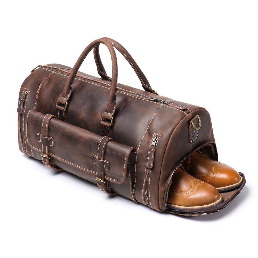 Dark brown men's gym bag, front pocket detail