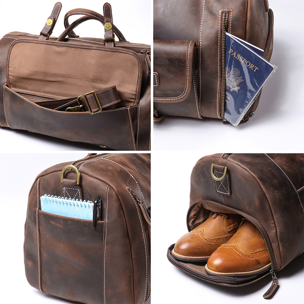 Dark brown men's gym bag, handle detail