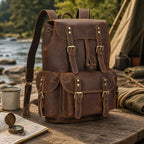 Leather knapsack at a riverside campsite
