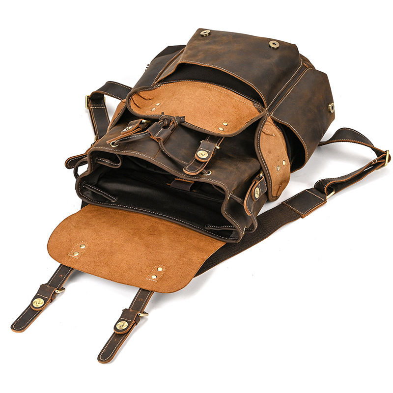 Brown men's leather knapsack, interior view