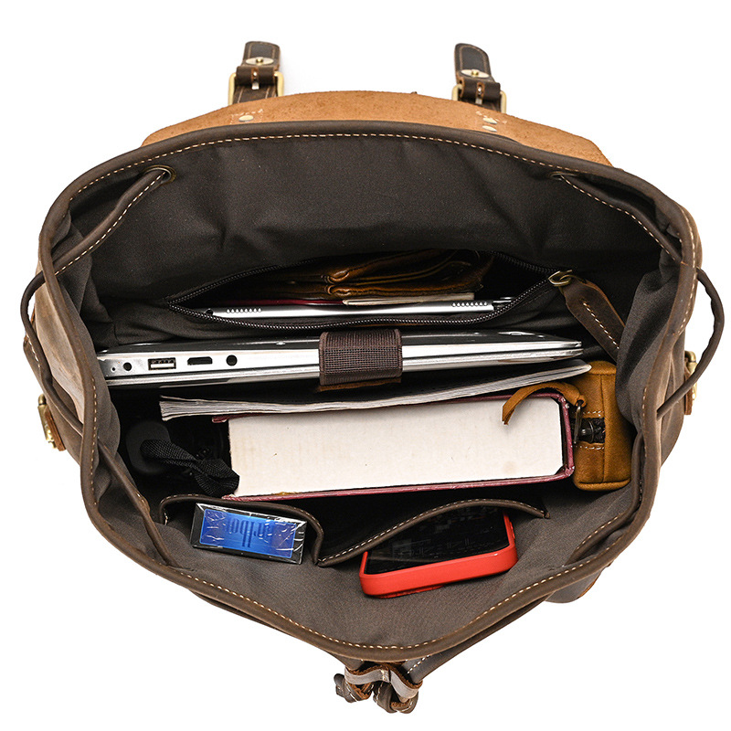 Brown men's leather knapsack, side view
