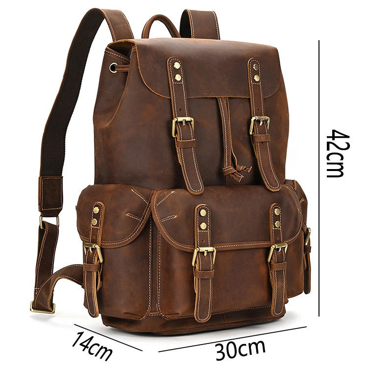Brown men's leather knapsack, drawstring detail