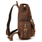 Brown men's leather knapsack, buckle detail