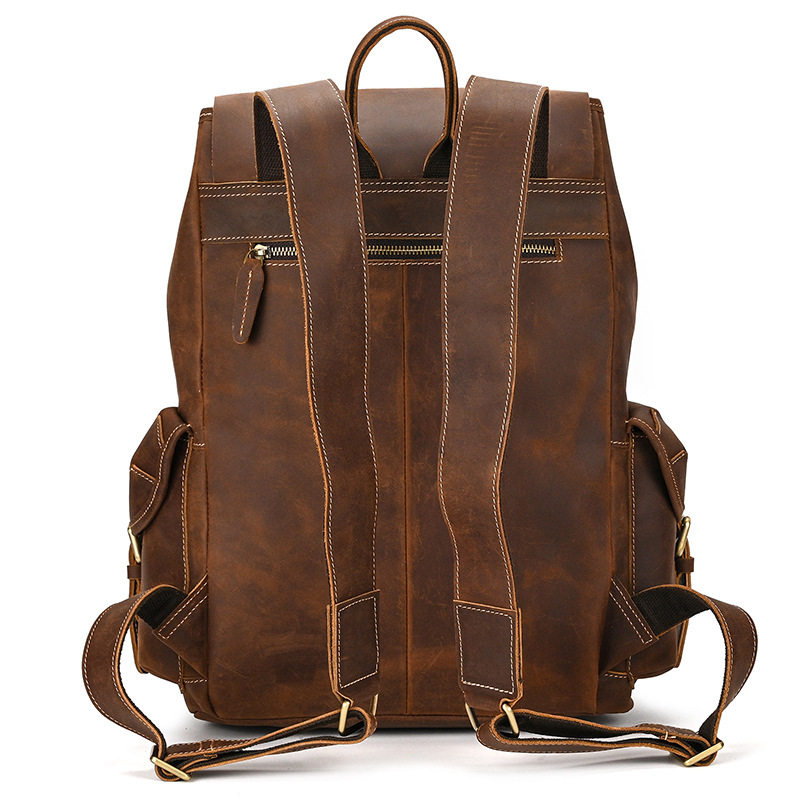 Brown men's leather knapsack, front pocket detail