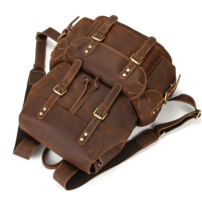 Brown men's leather knapsack, back view