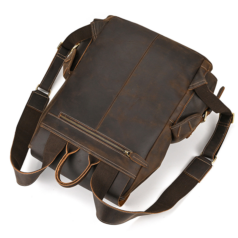 Dark brown men's leather knapsack, side view