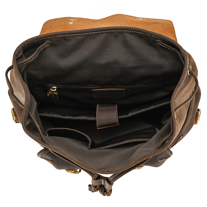 Dark brown men's leather knapsack, another angle