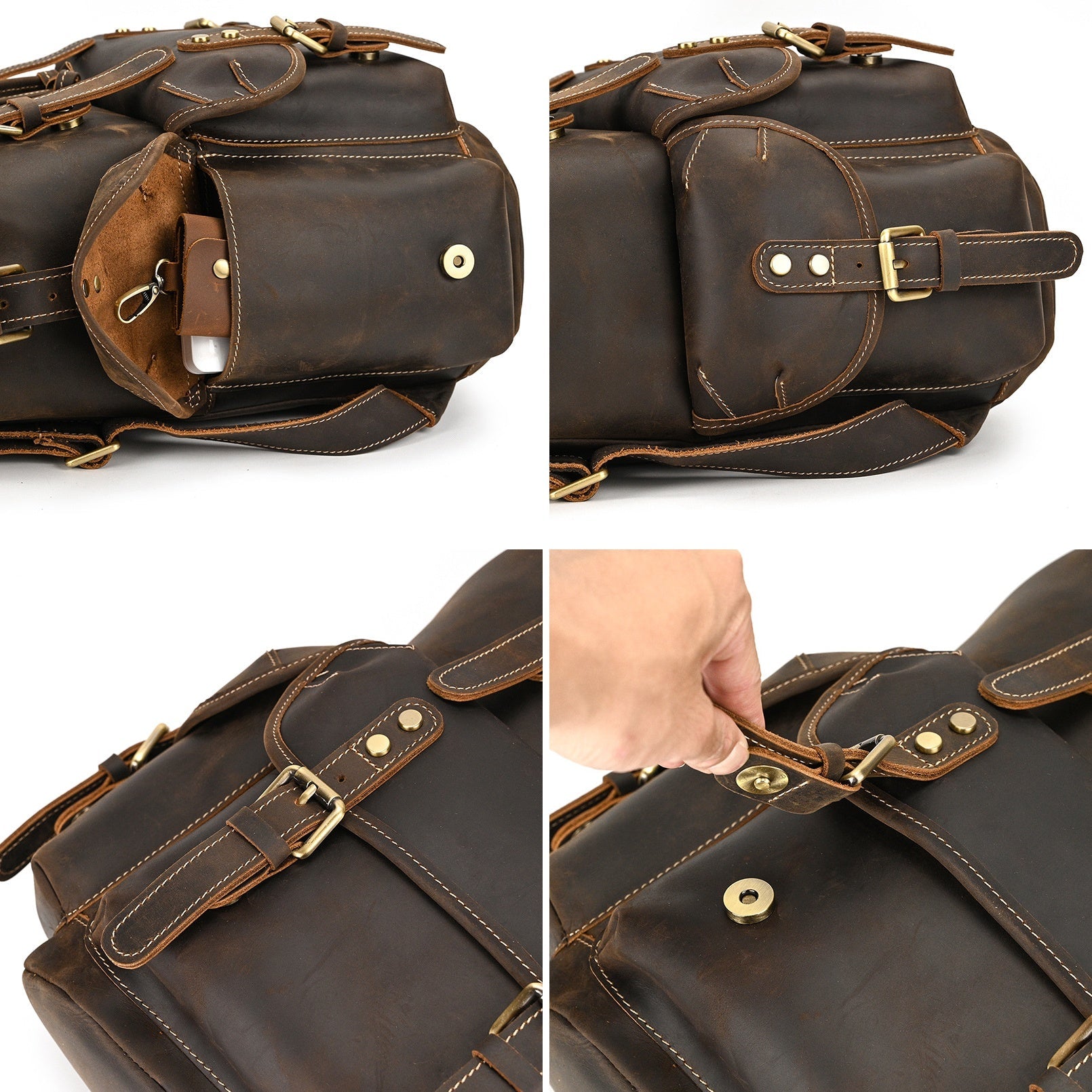 Dark brown men's leather knapsack, strap detail