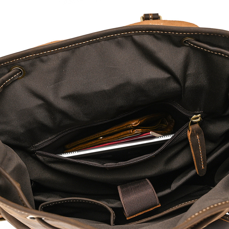 Dark brown men's leather knapsack, leather grain
