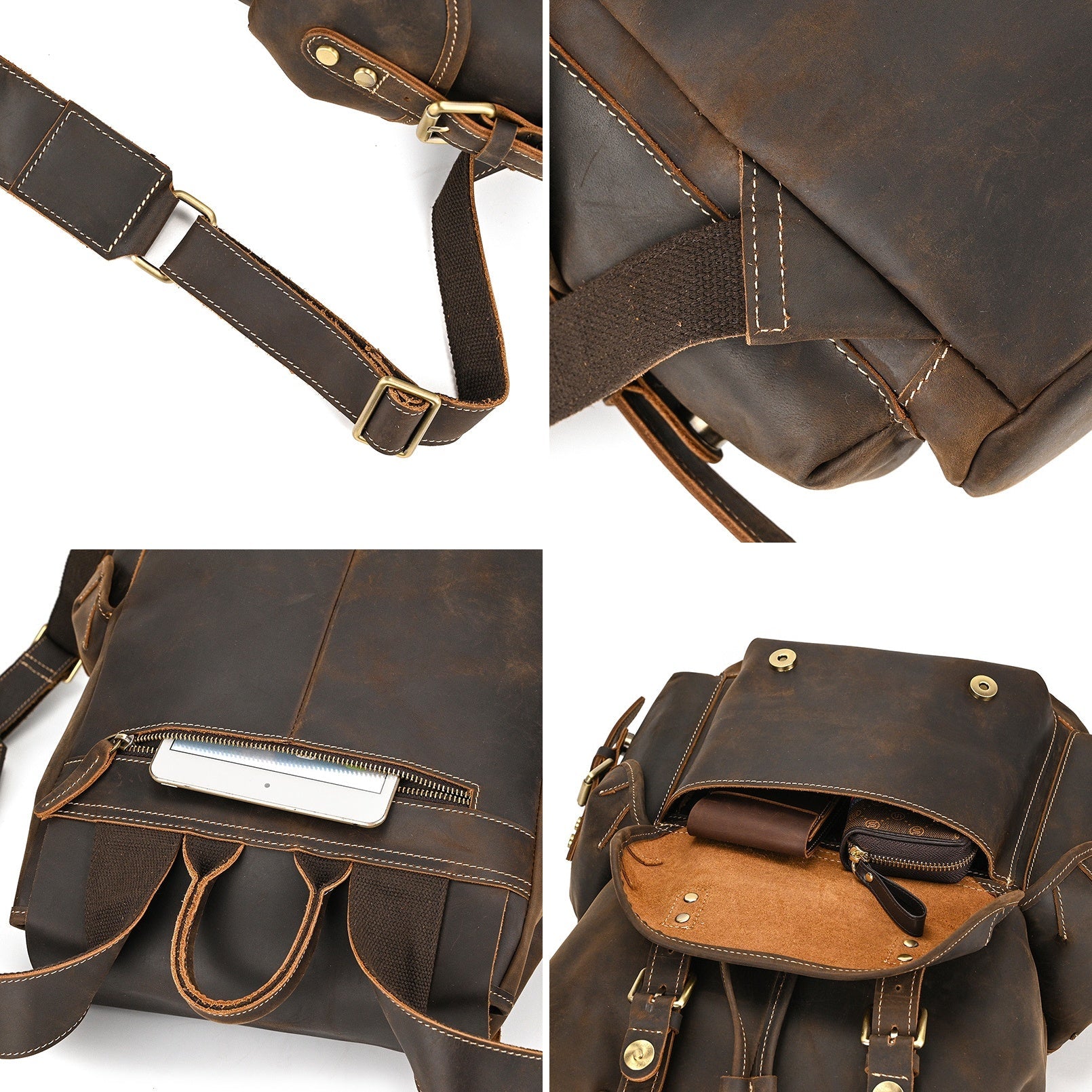 Dark brown men's leather knapsack, flat lay