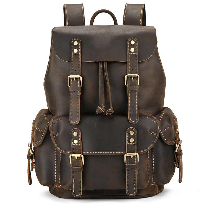 Dark brown men's leather knapsack, rear pocket detail