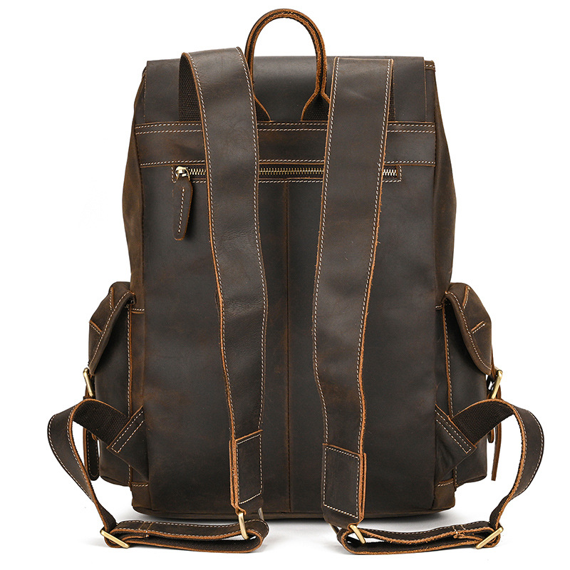 Dark brown men's leather knapsack, front view