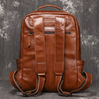 Brown men's laptop backpack, handle detail